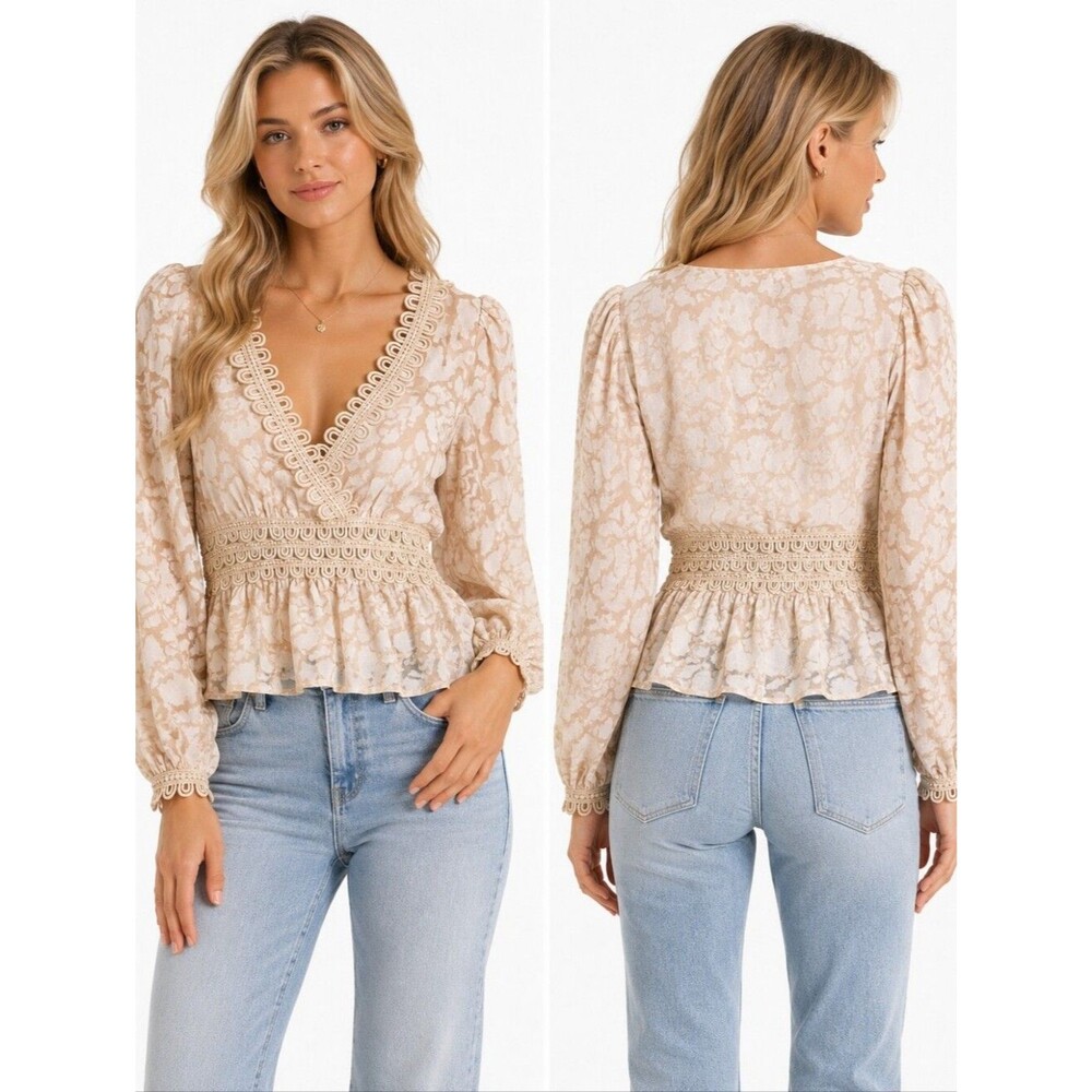 Champagne & Strawberry Lace Peplum Blouse Women Cream Boho Romantic Size S